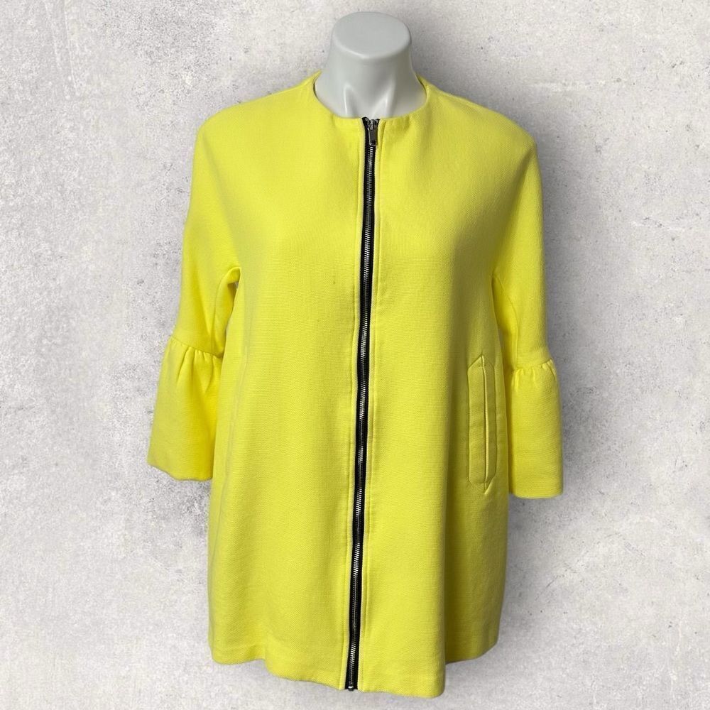 Zara Yellow Driver Coat Puff Sleeve Jacket Zip Front Size S FLAWED